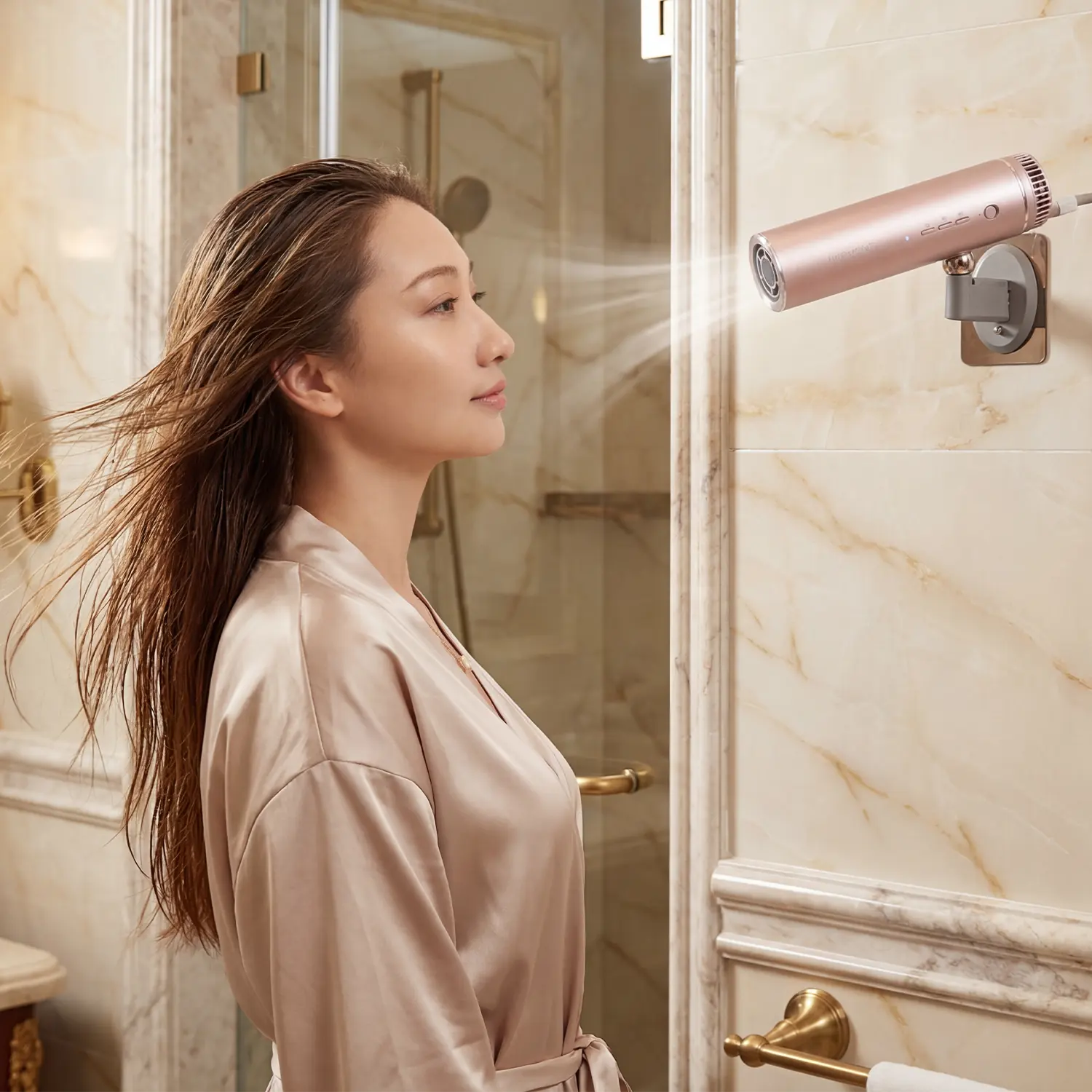 Woman in a robe standing in a bathroom with a hair dryer mounted on - handsfreedryer inovaxion the wall.