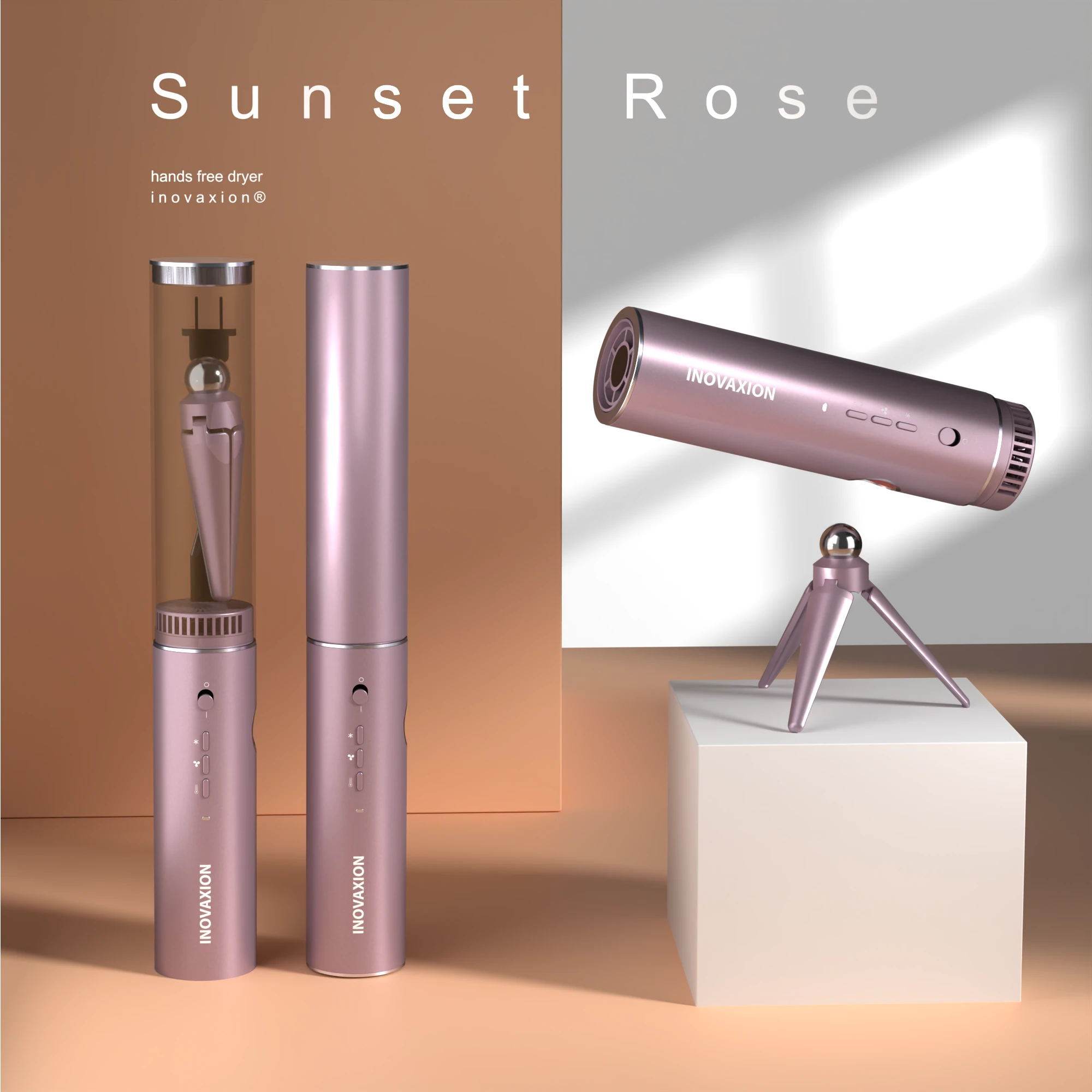 Rose hands-free dryer with a signature metallic finish and magnetic tripod, blending elegant design. Hair dryer