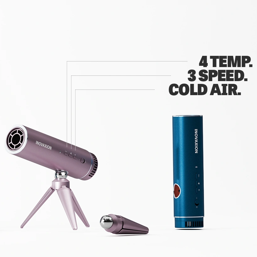 Collection of electronic devices with a focus on cold air technology, including a hair dryer and attachments.