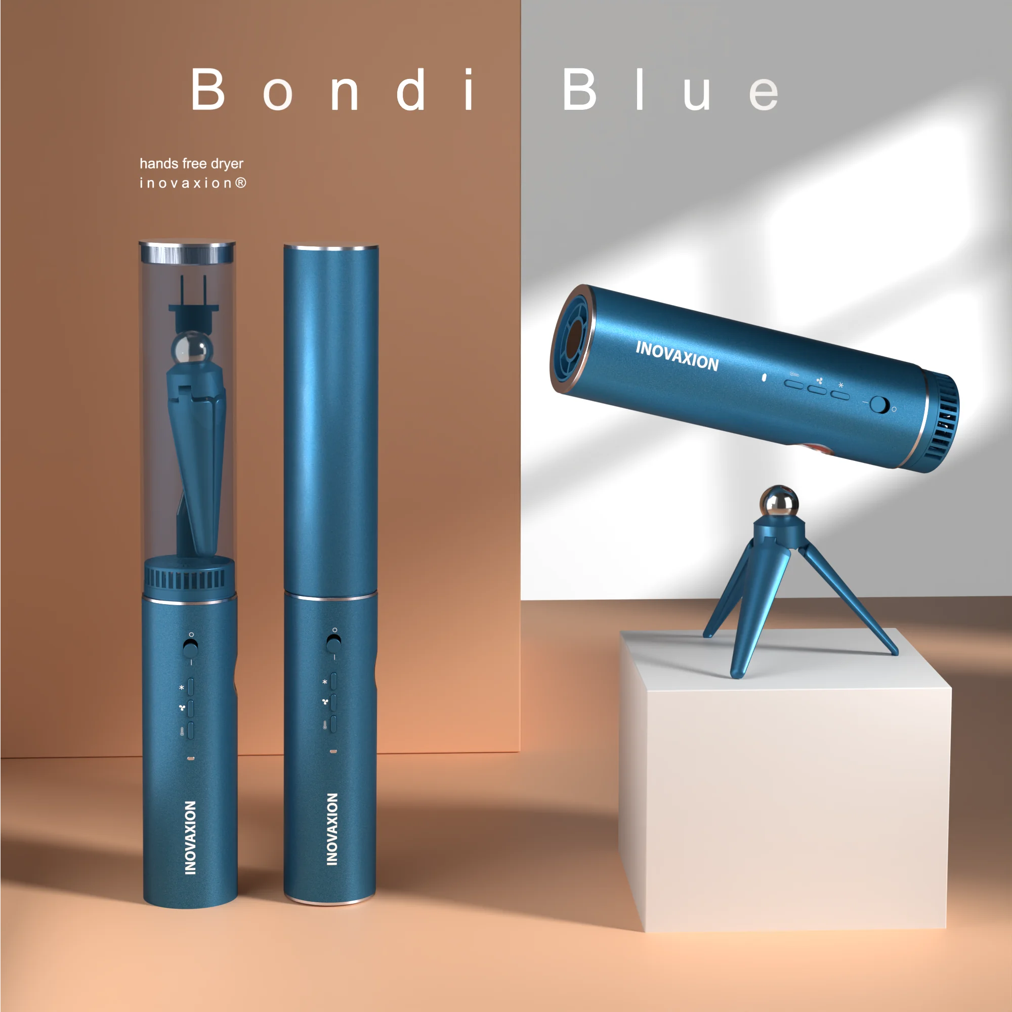 Hand-free dryer Bondi Blue Inovaxion with a magnetic tripod stand, offering a premium ergonomic experience.