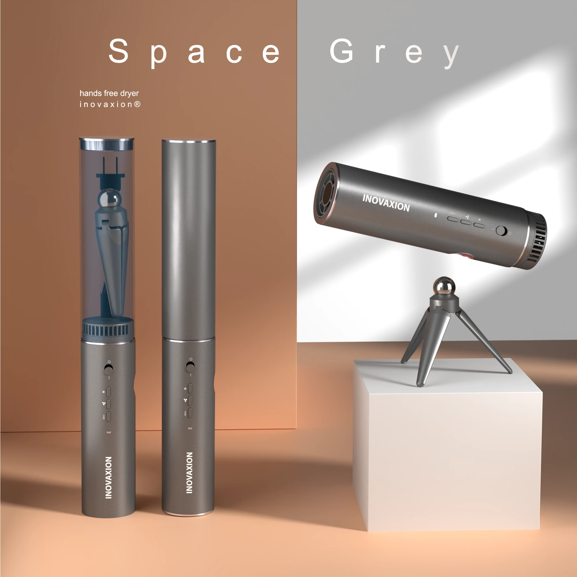 The Space Grey Hands-free dryer, equipped with a magnetic stand, provides an ergonomic, hands-free solution for sophisticated daily hair care. Inovaxion