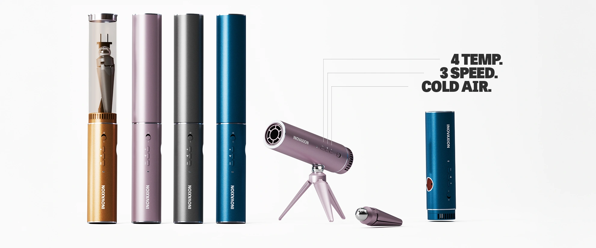 Collection of hands free dryer inovaxion with a focus on cold and hot air technology, including a hair dryer and attachments.